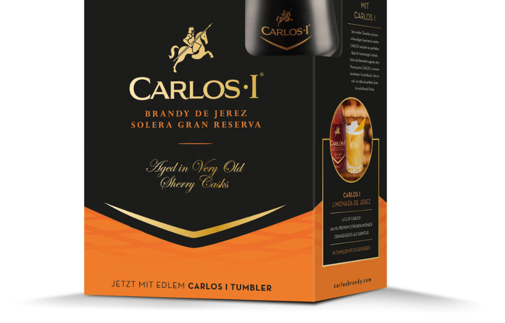 Carlos 1 Brandy de Jerez – Geschenkpackung mit schwarzem Glas