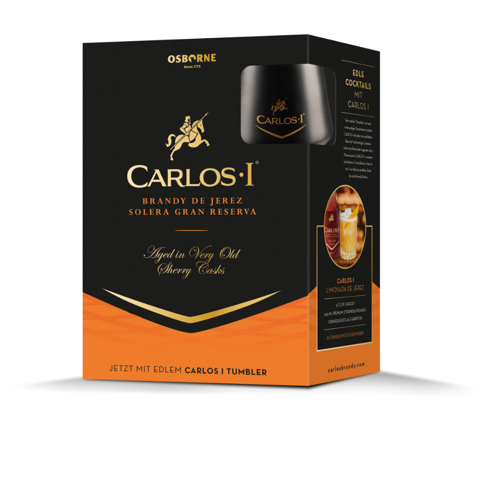 Carlos 1 Brandy de Jerez – Geschenkpackung mit schwarzem Glas